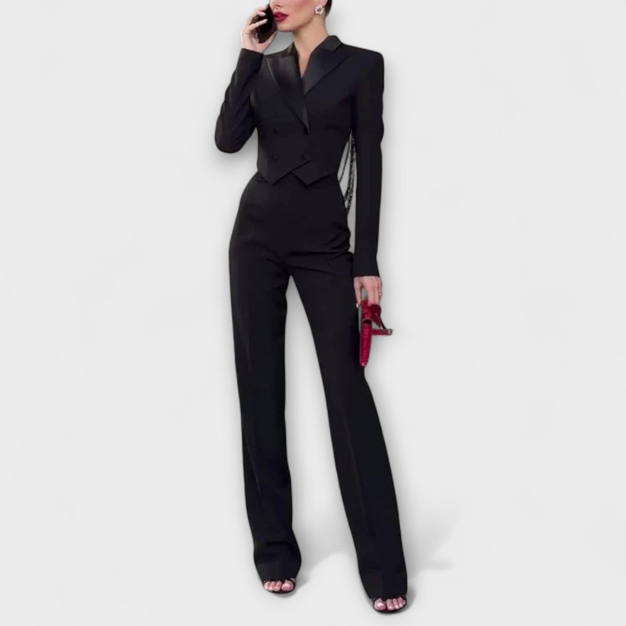 Noa - Svart Perle-dekorert Ryggløs Kort Blazer Sett