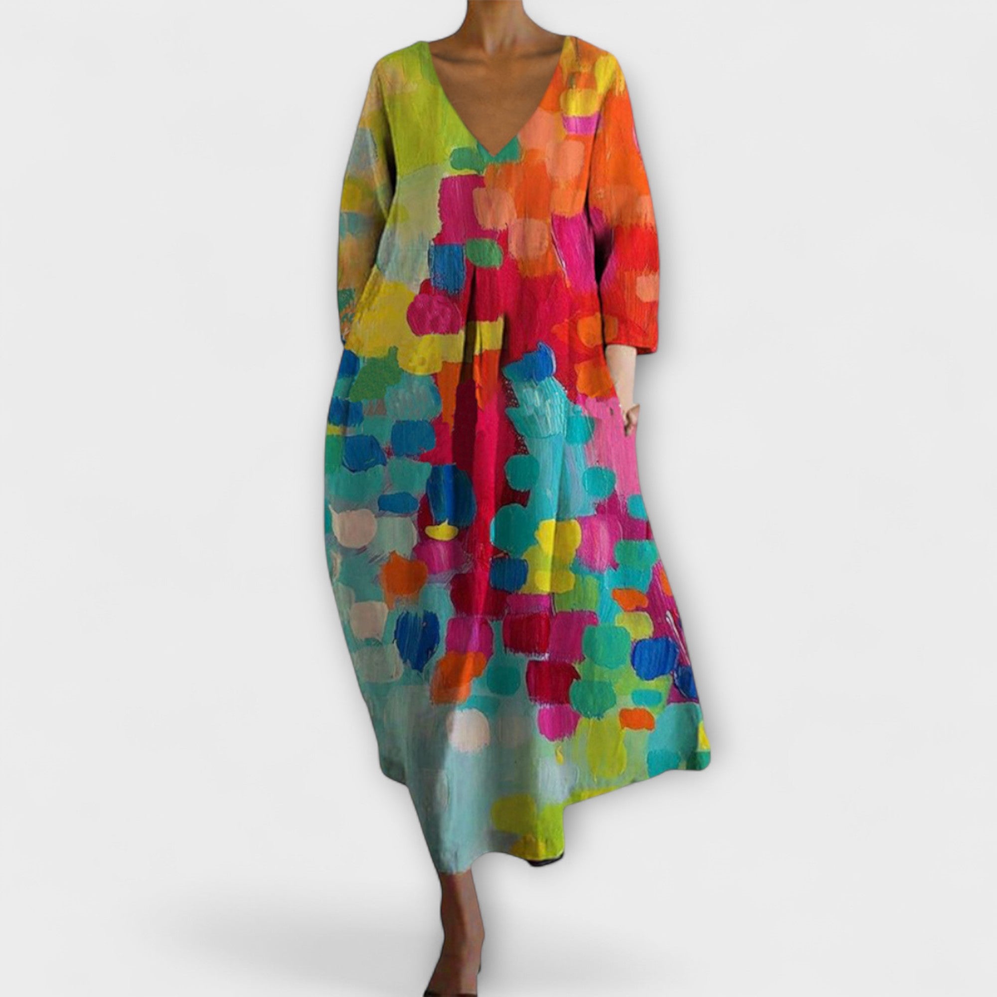 Fiona - Robe longue colorée avec col en V