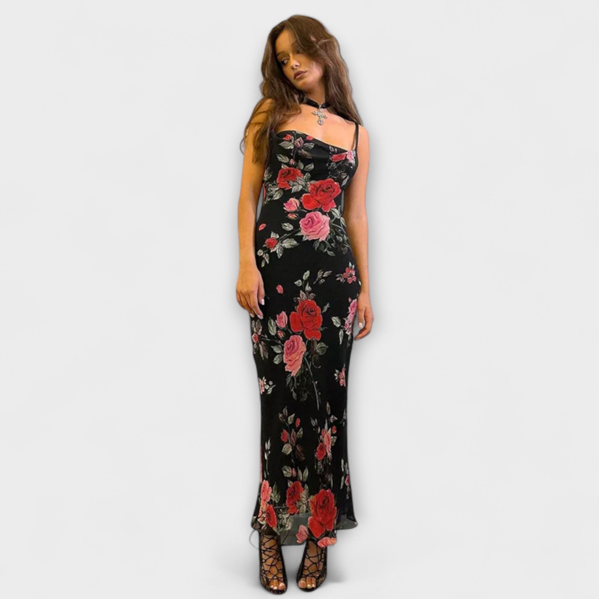 Robe moulante à bretelles spaghetti avec motif floral