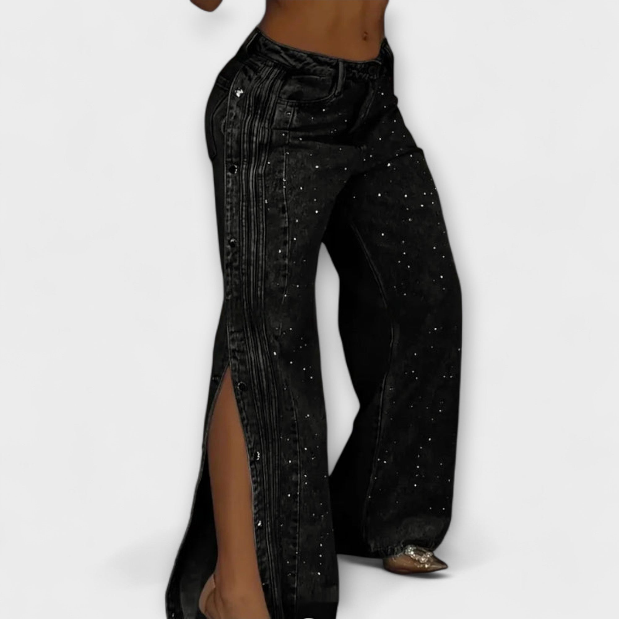 Nola - Høytlivsjeans pyntet med rhinestones og sideknapper