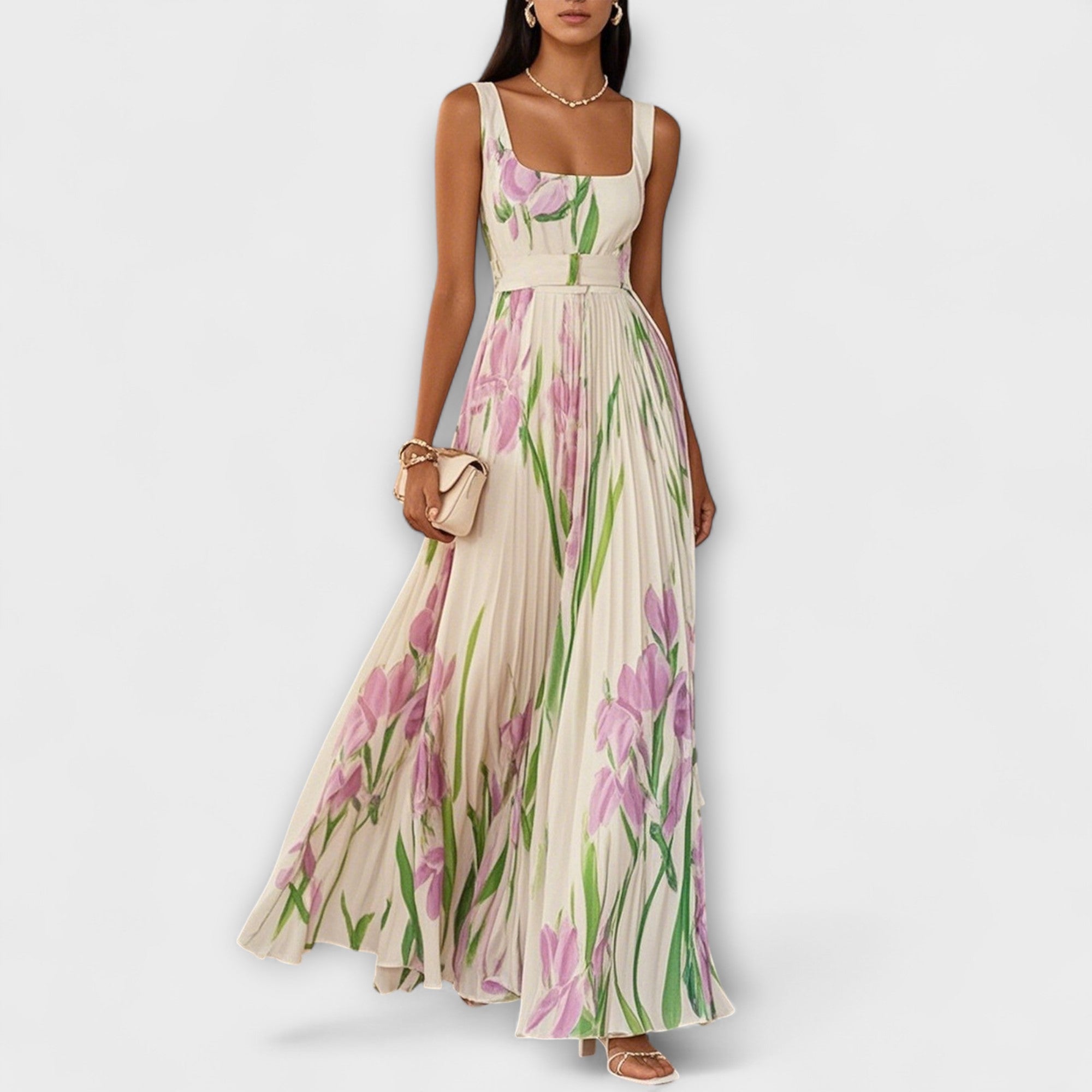 Robe maxi en mousseline fleurie plissée