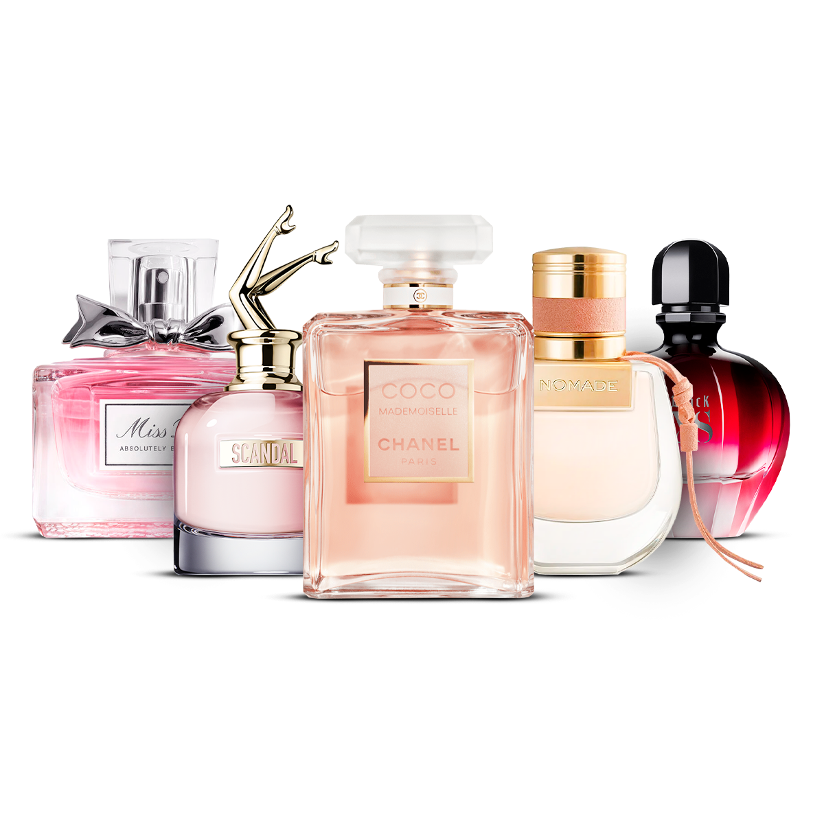Zestaw 5 perfum damskich - Miss Dior Absolutely Blooming, Scandal, Coco Mademoiselle, Nomade i Black XS [100 ml każdy]