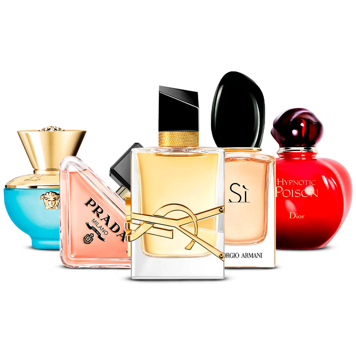Zestaw 5 perfum damskich – Versace Dylan Turquoise, Prada Paradoxe, Yves Saint Laurent Libre, Giorgio Armani Sì i Dior Hypnotic Poison [100 ml każdy]
