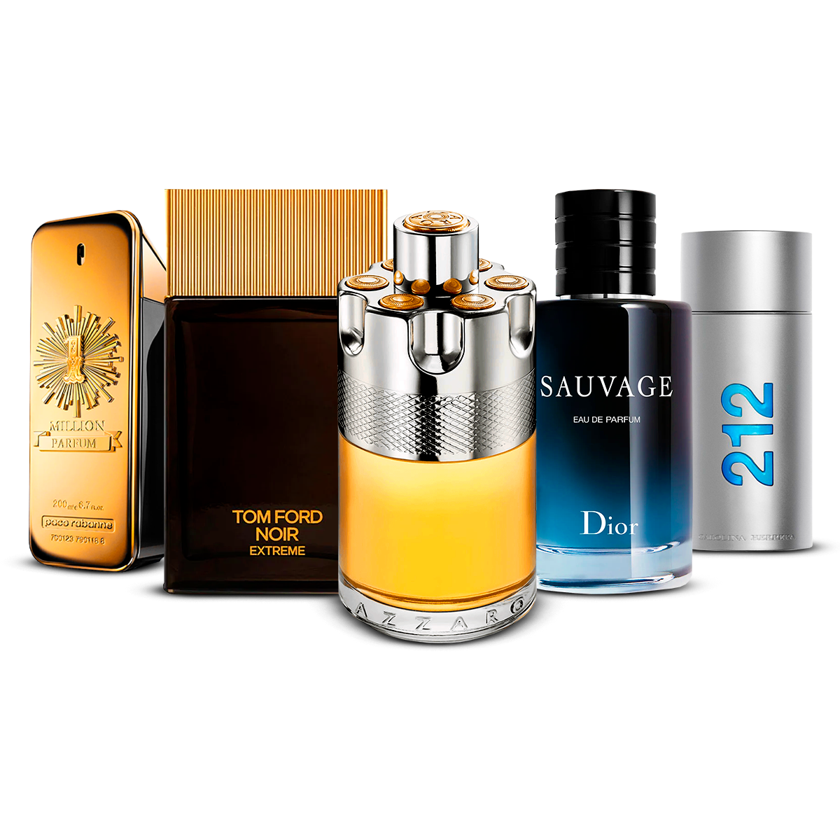 Zestaw 5 męskich perfum – 1 Million, Tom Ford Noir Extrême, Azzaro Wanted, Sauvage i 212 Men [100 ml każdy]
