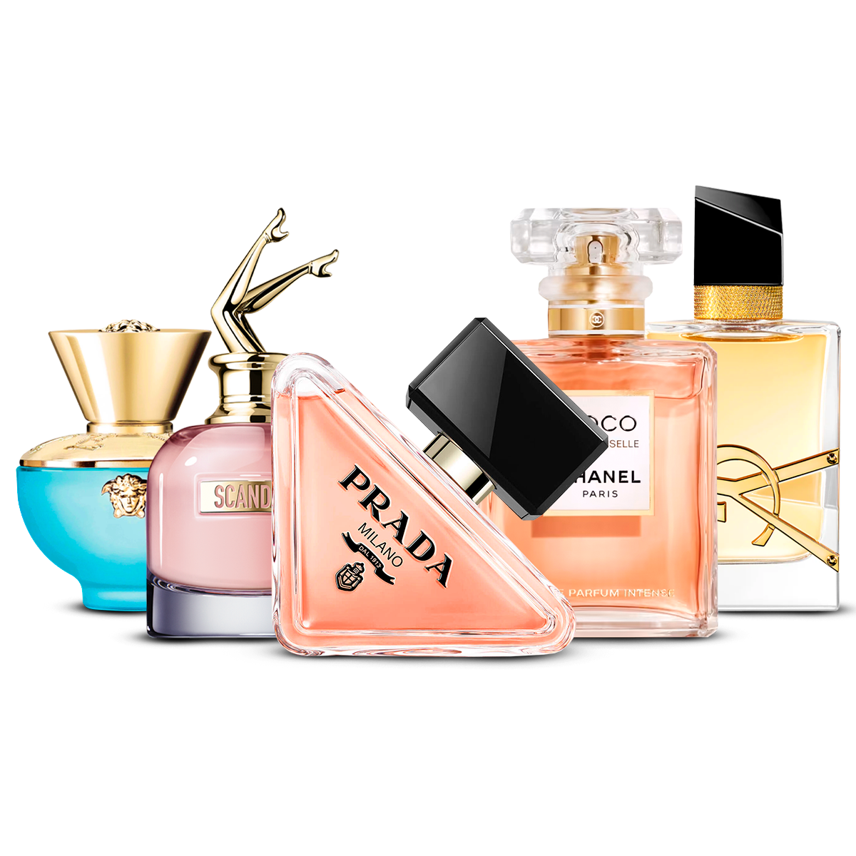 Combinaison de 5 parfums pour femmes – Versace Dylan Turquoise, Scandal, Prada Paradoxe, Coco Mademoiselle et Yves Saint Laurent Libre [100 ml chacun]