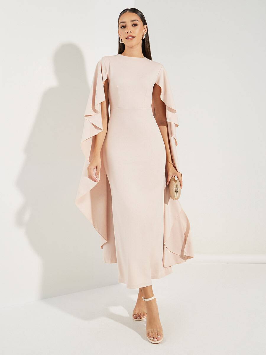Rachel - Vestido Midi Rosa Hell com Decote em V e Mangas de Chiffon